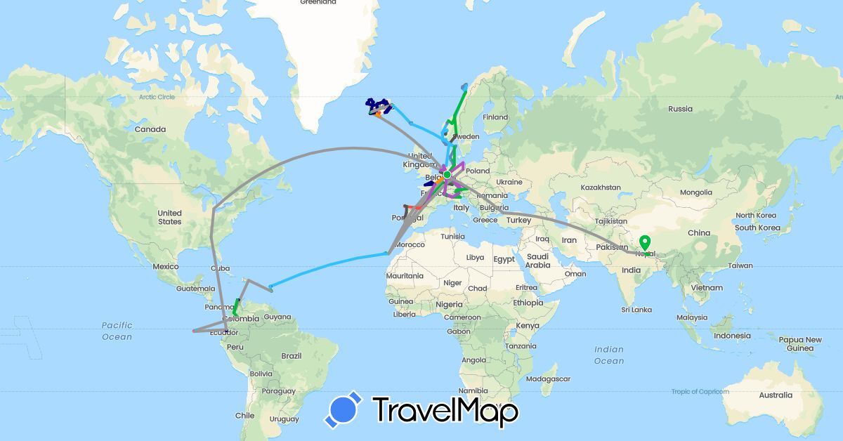 TravelMap itinerary: driving, bus, plane, cycling, train, hiking, boat, hitchhiking, motorbike in Austria, Switzerland, Colombia, Germany, Denmark, Dominica, Dominican Republic, Ecuador, Spain, Faroe Islands, France, India, Iceland, Italy, Netherlands, Norway, Nepal, Portugal, Turkey, United States (Asia, Europe, North America, South America)